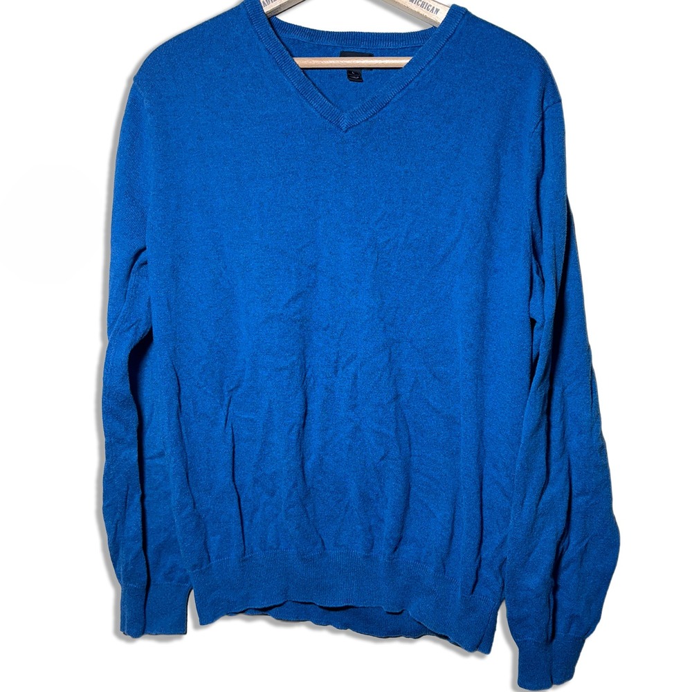 J. Crew Mens V-Neck Pullover Sweater Blue Cotton Cashmere Blend Size Large Cozy